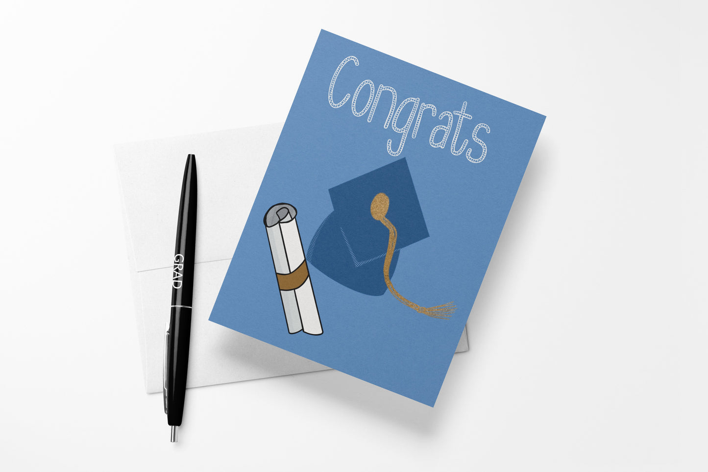 Graduation-themed card with a cap and diploma illustration on a white background