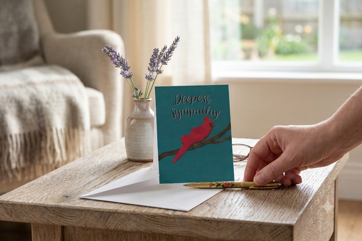 A teal greeting card with a red cardinal and the words 'Deepest Sympathy' is displayed on a wooden table next to an envelope and a hand holding a gold pen. A small vase with lavender stems sits behind it in a softly lit room.
