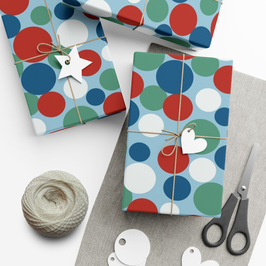 Cheerful polka dot wrapping paper in red, blue, green, and white. A playful, modern gift wrap perfect for birthdays, celebrations, and joyful everyday gifting.