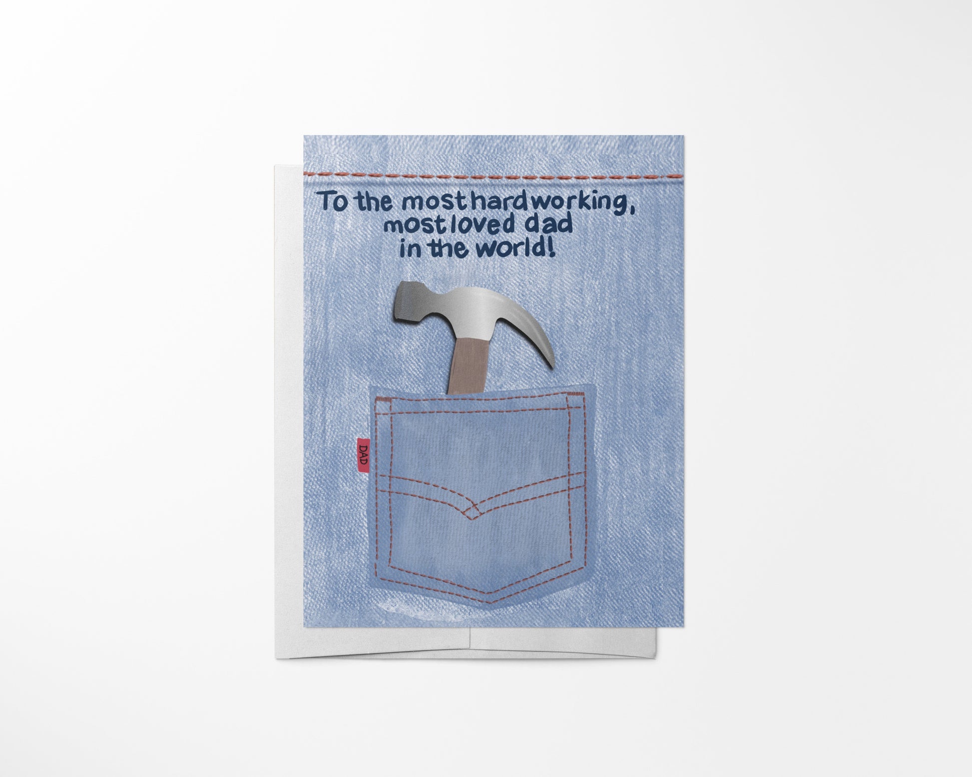 Fathers day greeting card with a pocket and hammer illustration on a denim background, featuring text.