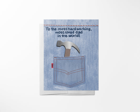 Fathers day greeting card with a pocket and hammer illustration on a denim background, featuring text.