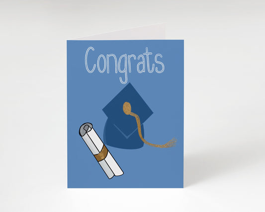 Graduation-themed card with blue cap, diploma, and 'Congrats' text on a blue background