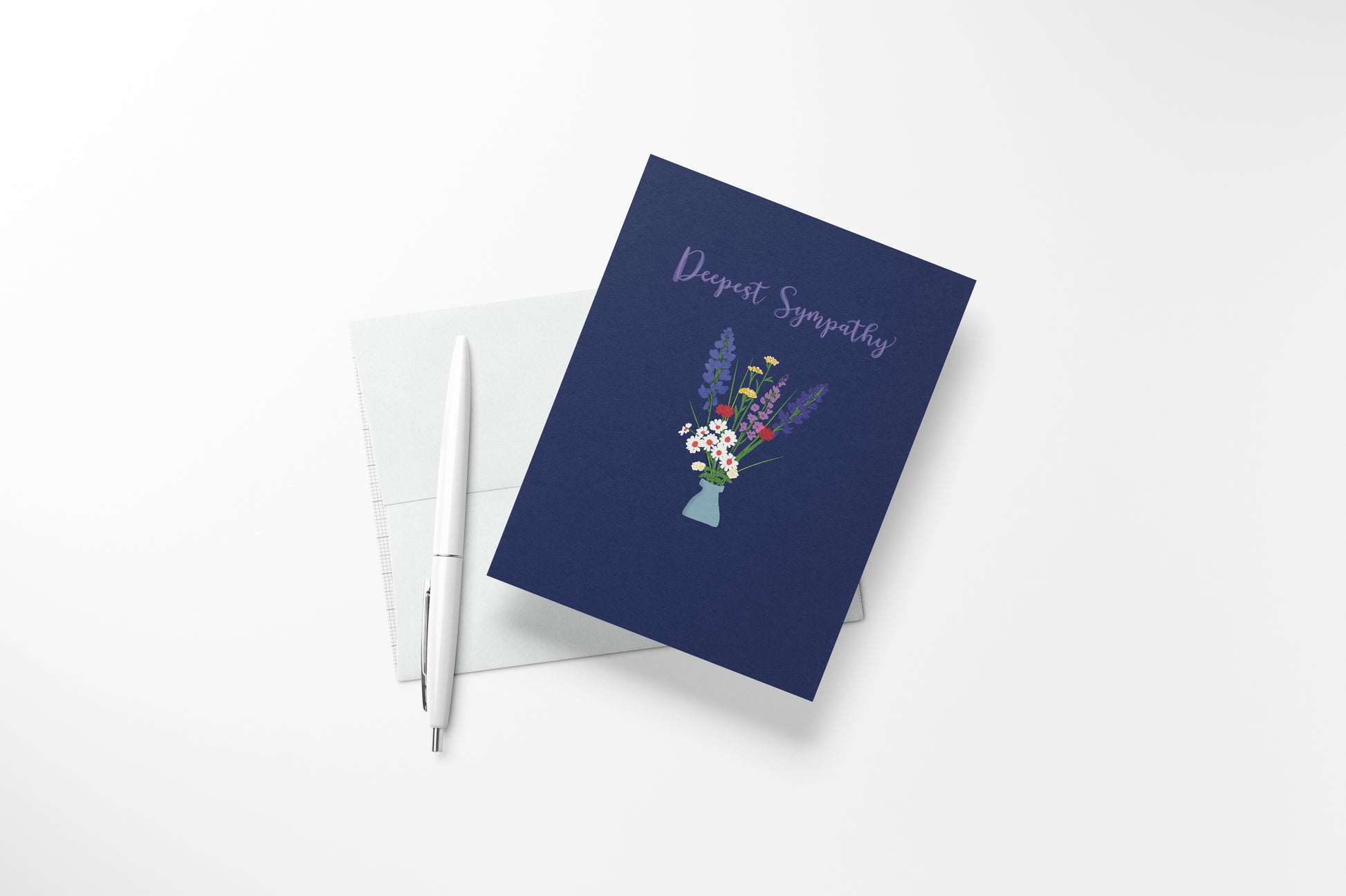 Hand-illustrated floral sympathy card with navy background.