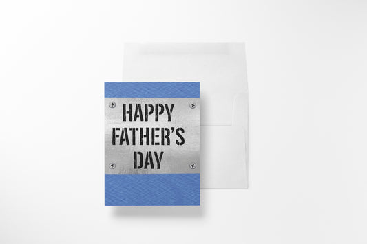Blue denim Father's Day greeting card with vintage metal sign illustration and white envelope on a white background.