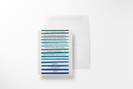 Watercolor stripe Father's Day greeting card in teal and navy blue with a humorous message listing dad's many roles, shown with a white envelope.