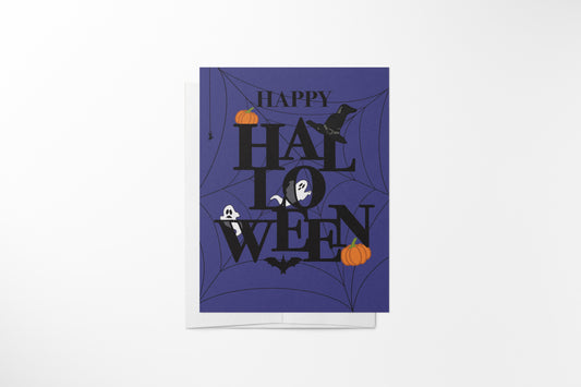 Halloween-themed card with text and illustrations on a purple background