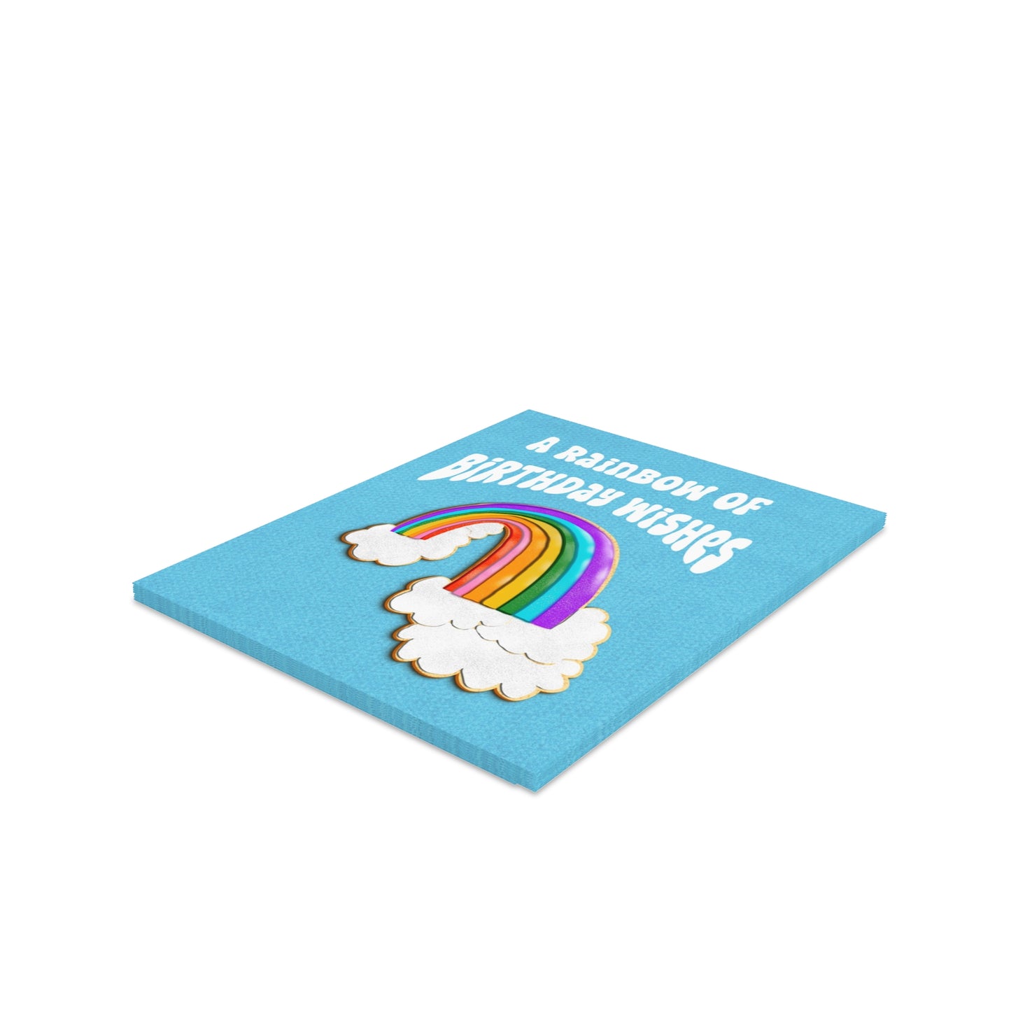 “A light blue birthday card with the text "A Rainbow of Birthday Wishes" written in white bubble handwritten text, and a colorful rainbow between fluffy white clouds below.”