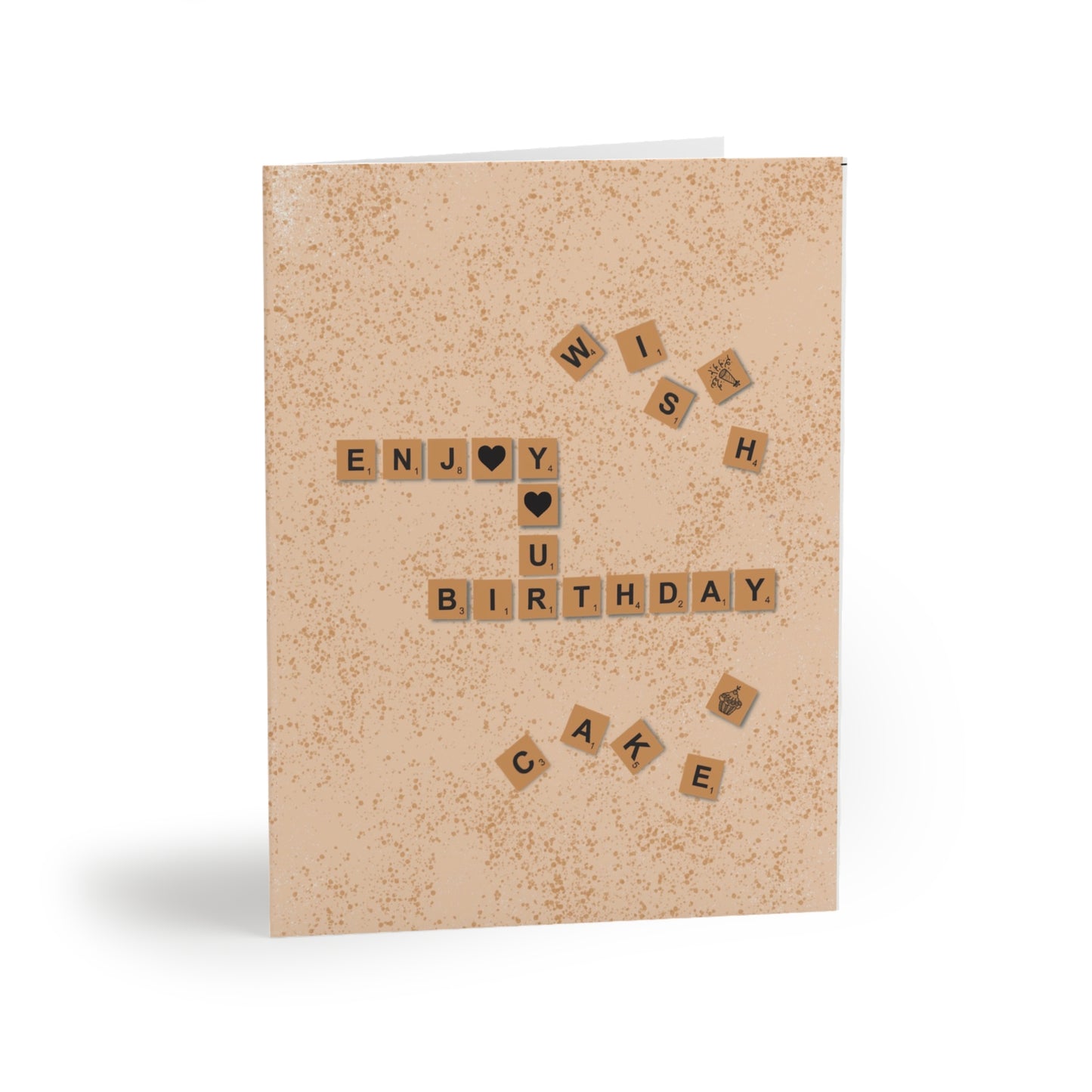 Front of Scrabble "Enjoy Your Birthday" A2 greeting card with brown, white, and yellow colors
