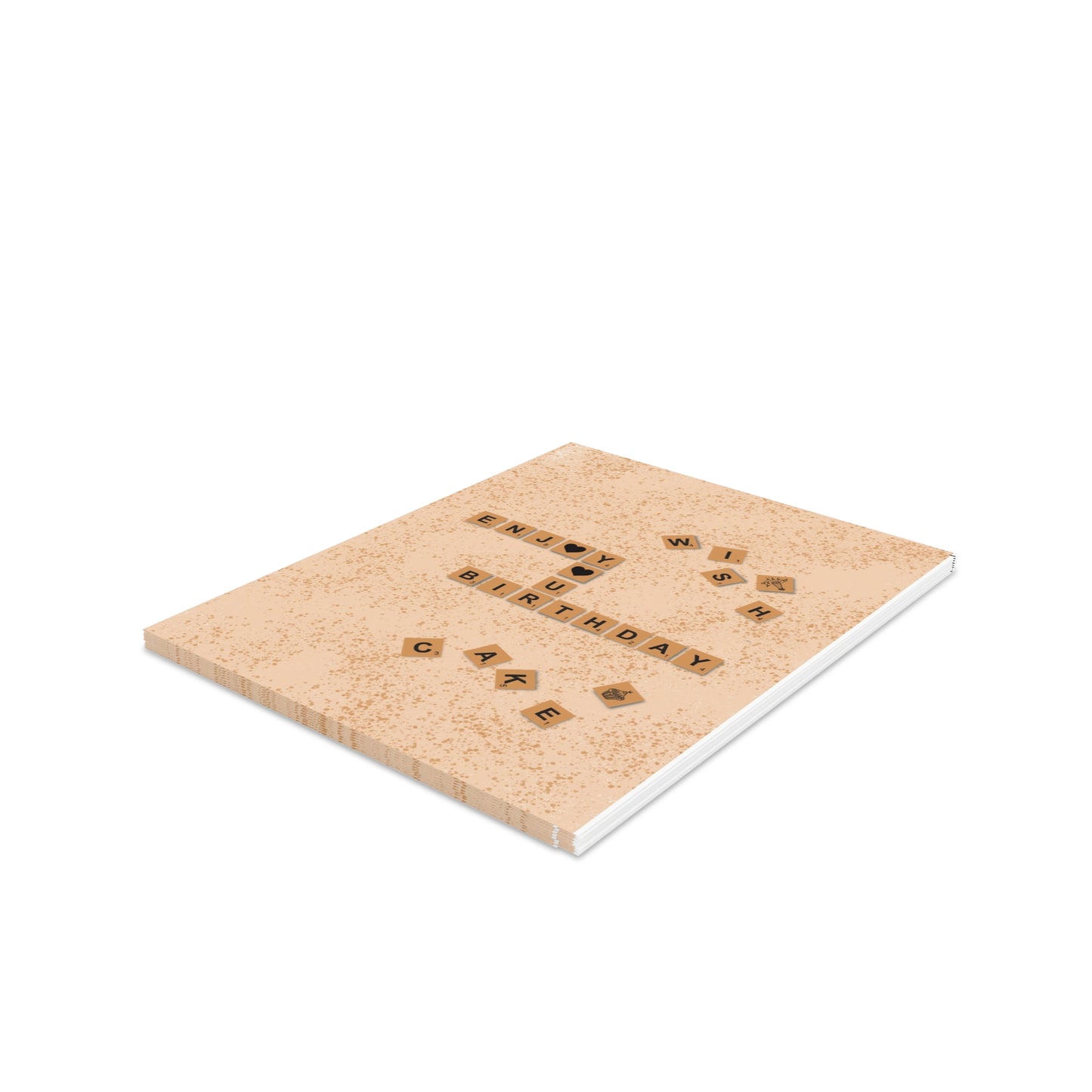Flat lay of open Scrabble "Enjoy Your Birthday" A2 greeting card with blank inside and included white envelope