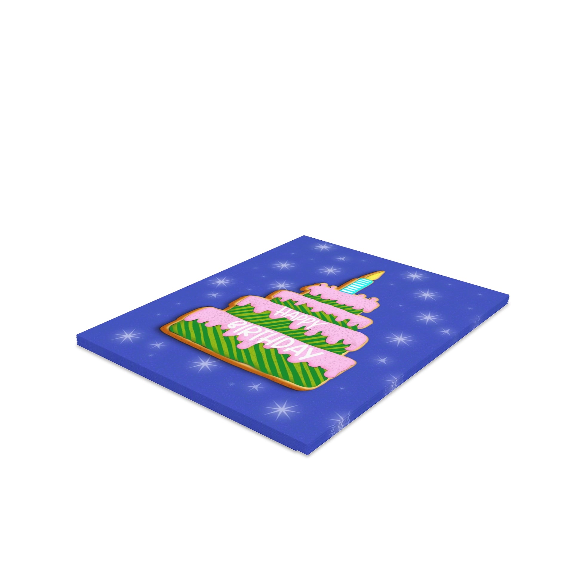 “A stack of cards with a blue background and white stars, featuring a green and pink tiered cake with text "HAPPY BIRTHDAY”."