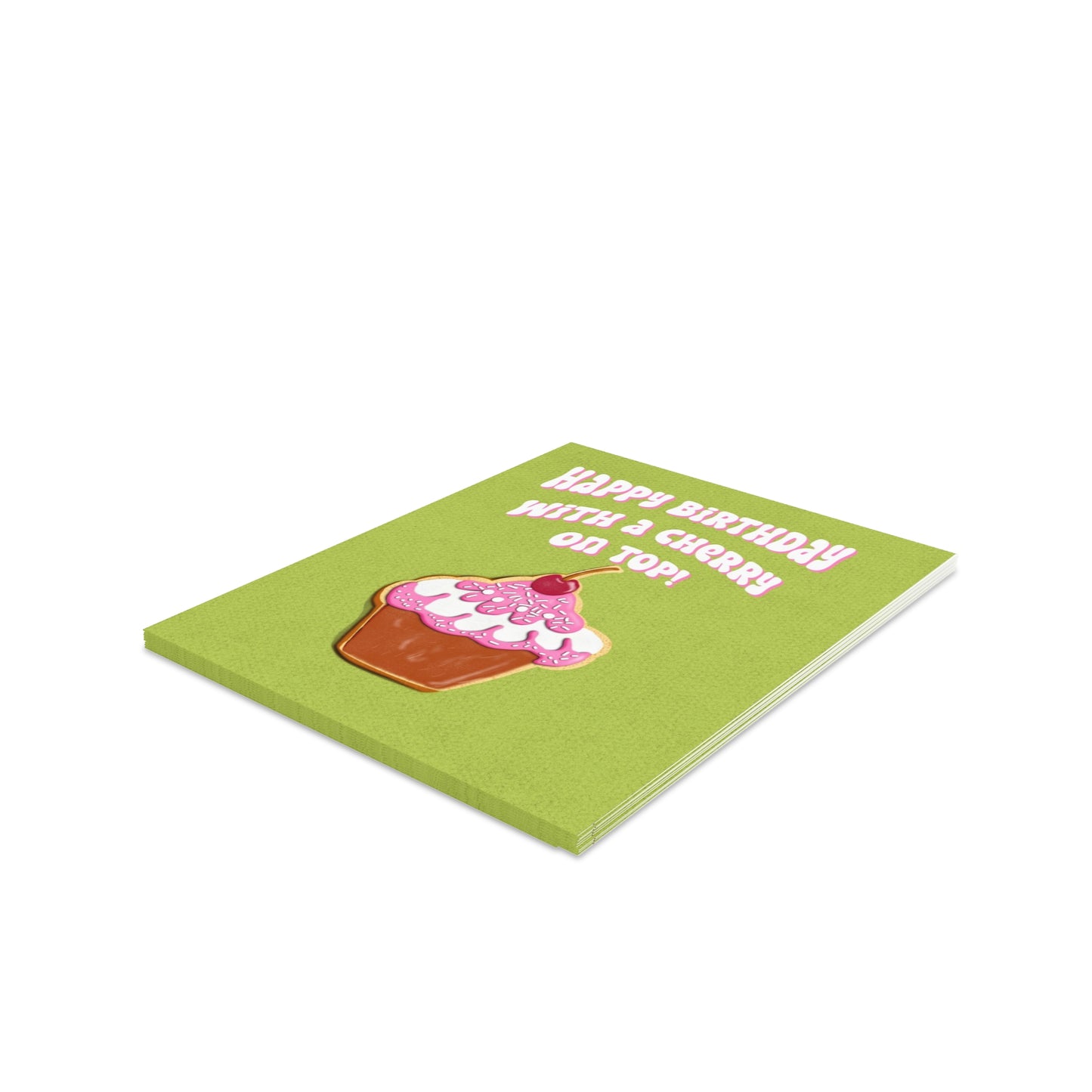 Green birthday card with a cupcake illustration and text on a white background

