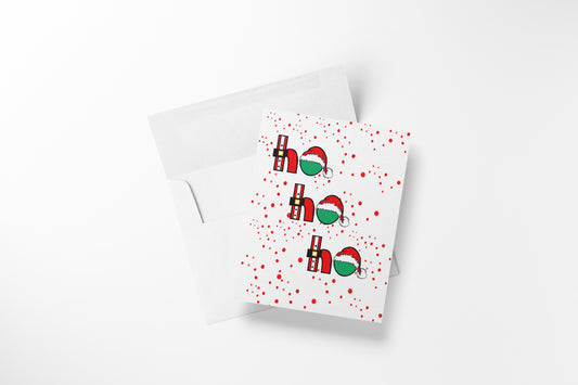 {"altText": "White greeting card with red polka dots and "ho ho ho" in red and green with Santa hats and belts; white envelope below."}