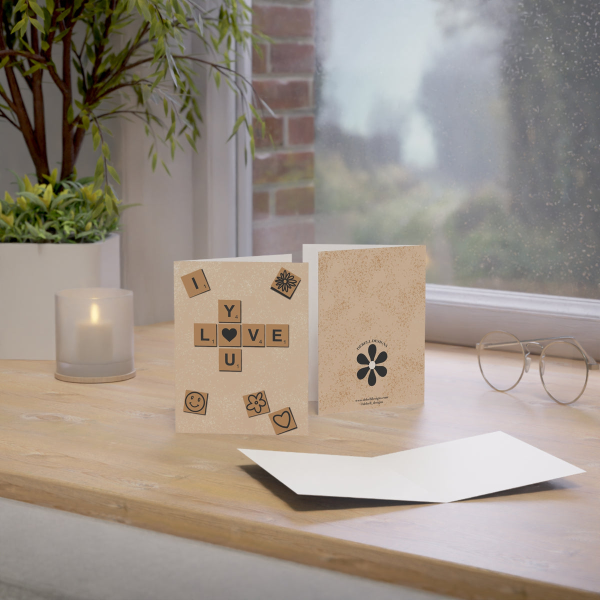 I love you" Scrabble tile greeting card with white envelope, styled on a windowsill with a candle and plant